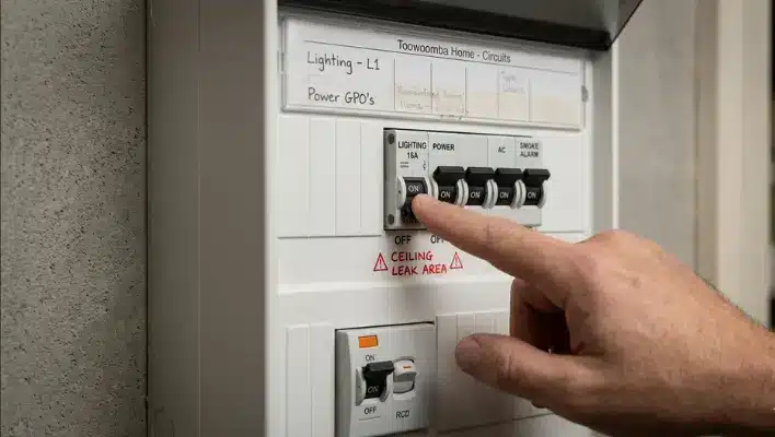 check-for-electrical-danger-this-step-cannot-wait A hand turning off a circuit breaker on a home electrical switchboard labeled for a ceiling leak area to check for electrical danger — this step cannot wait.