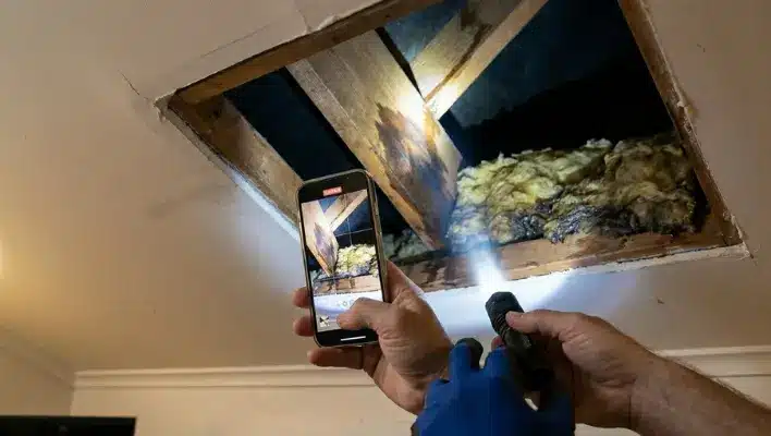 check-your-roof-cavity-if-it-is-safe-to-do-so A person shining a torch and using a smartphone to photograph wet insulation and water staining inside an open manhole, demonstrating how to check your roof cavity if it is safe to do so.