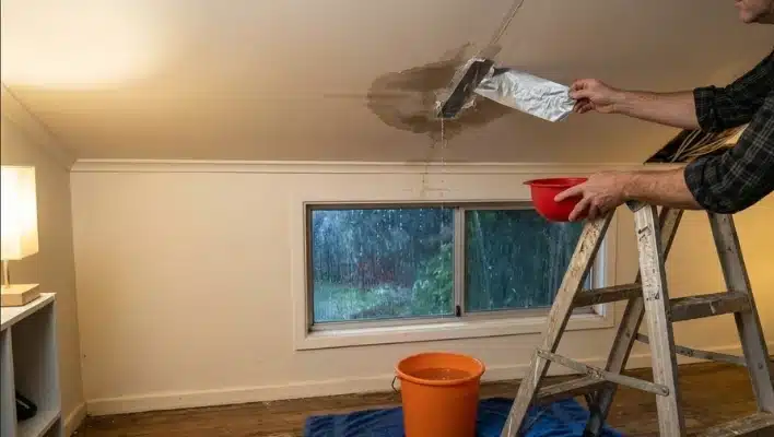 what-not-to-do-when-your-roof-starts-leaking A man standing on a ladder trying to tape over a wet ceiling stain, demonstrating one of the key mistakes of what not to do when your roof starts leaking.