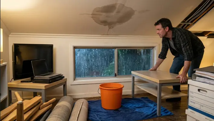 protect-what-is-inside-your-home-immediately A man moves a table away from a leaking ceiling stain and rain to protect interior belongings immediately, with electronics and other home items visible.
