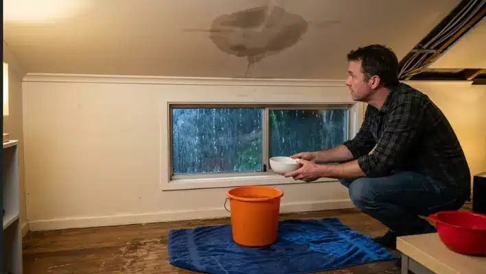 what-to-do-in-the-first-30-minutes-when-your-roof-starts-leaking.webp Man catching water in a bowl under a ceiling stain, illustrating what to do in the first 30 minutes when your roof starts leaking.