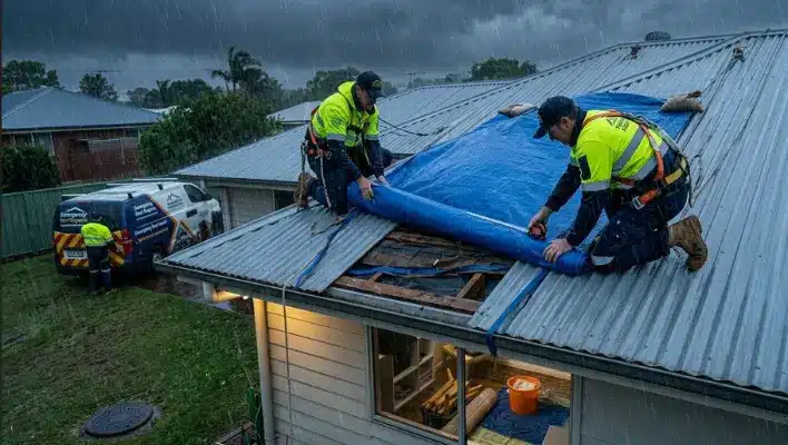 call-a-licensed-roofer-right-now-not-after-the-rain-stops Emergency roofing crew wearing high-visibility gear installing a blue tarp on a corrugated metal roof during a heavy storm, illustrating why you should call a licensed roofer — right now, not after the rain stops.