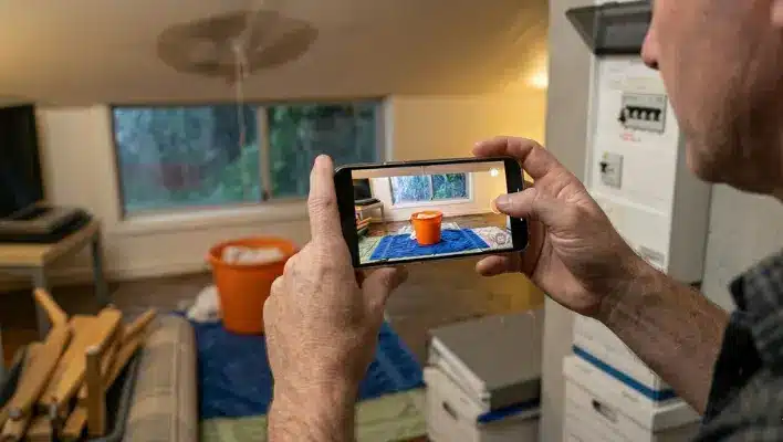 document-everything-before-you-clean-a-single-thing A homeowner using a mobile phone to take a photo of an active ceiling leak and water buckets to document everything before you clean a single thing.